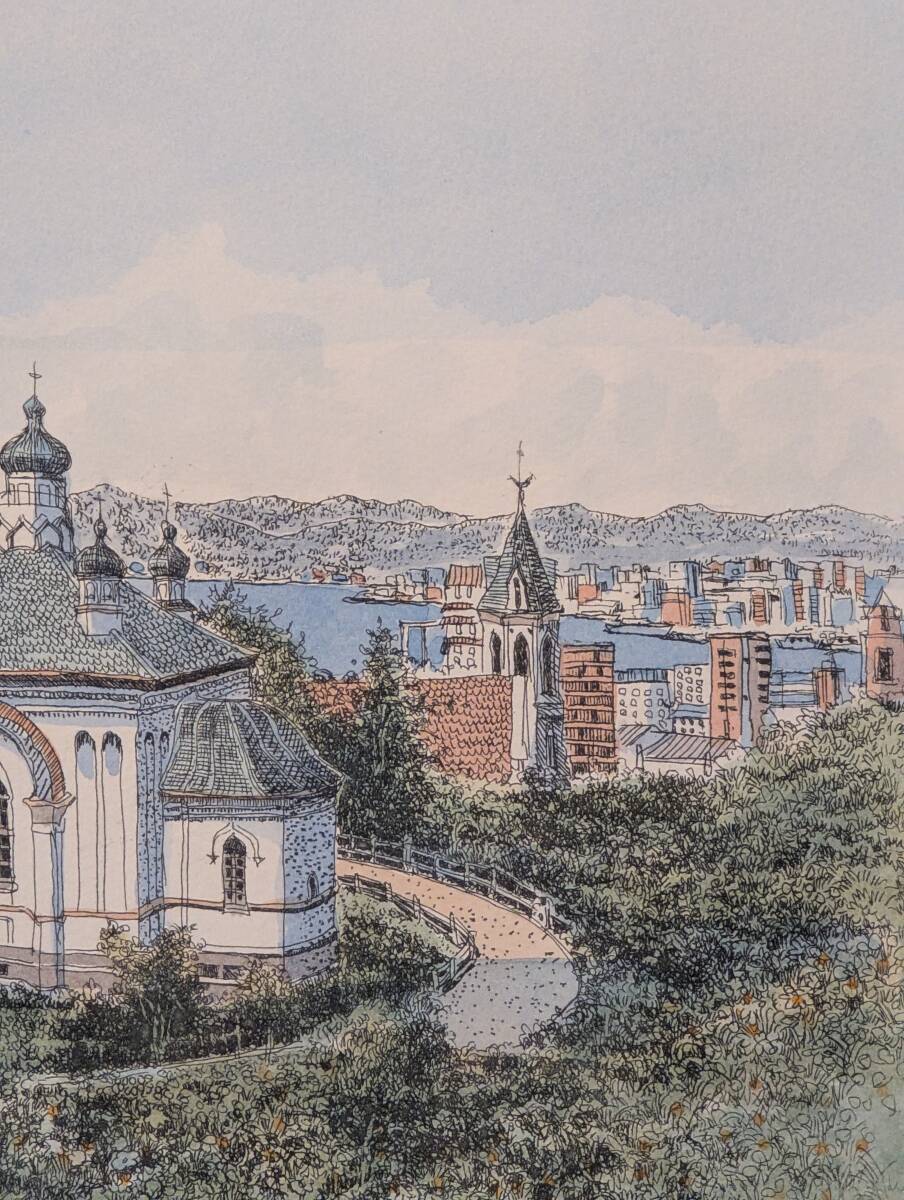 真作】版画 織田義郎 銅版画 函館ハリストス正教会と港町風景 Y166