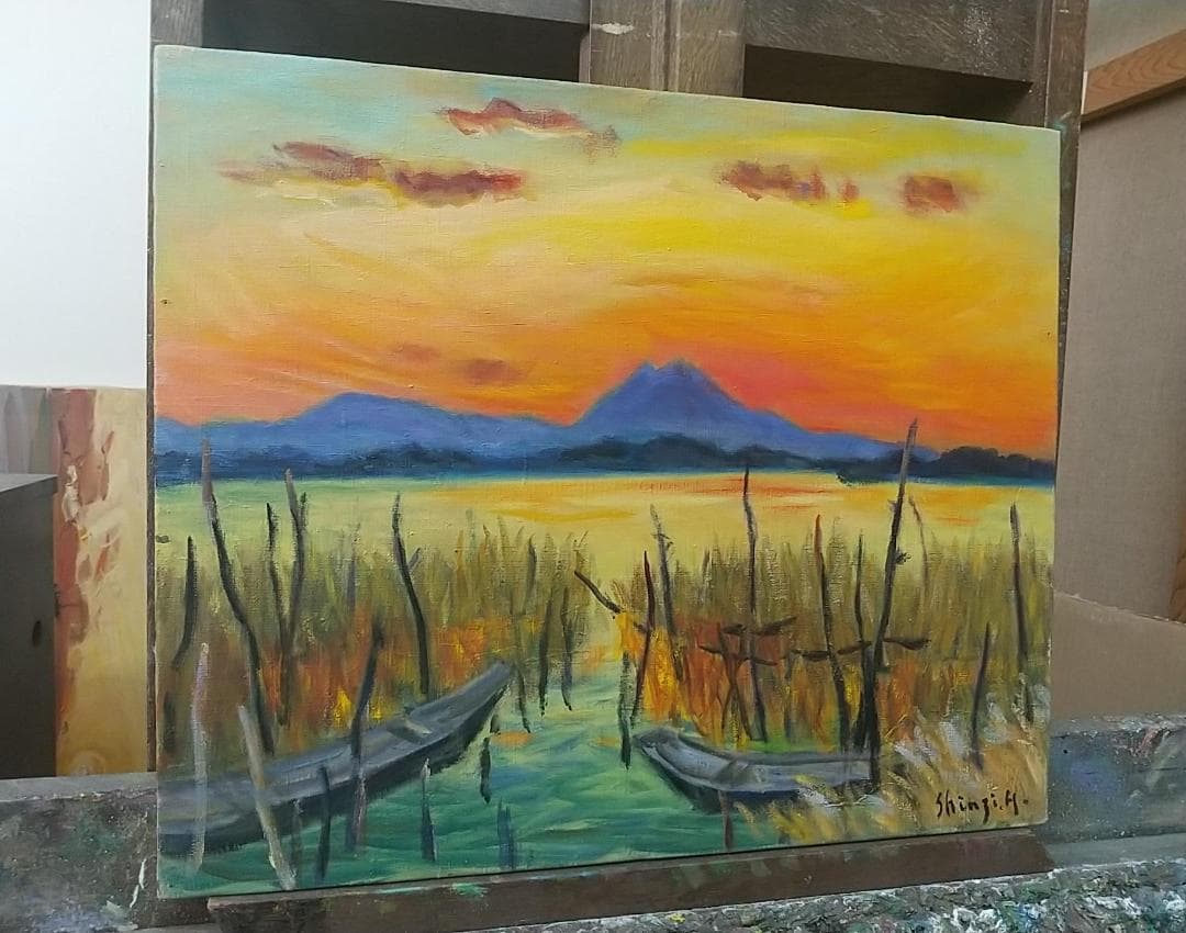 F8 絵画　油絵「水郷風景」1982